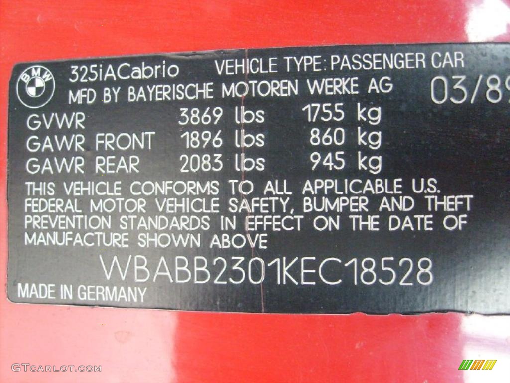 1989 BMW 3 Series 325i Convertible Info Tag Photos