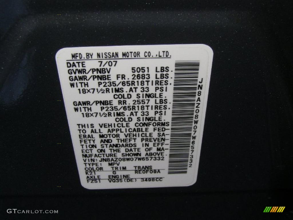 2007 Murano SL AWD - Platinum Pearl Matallic / Charcoal photo #11