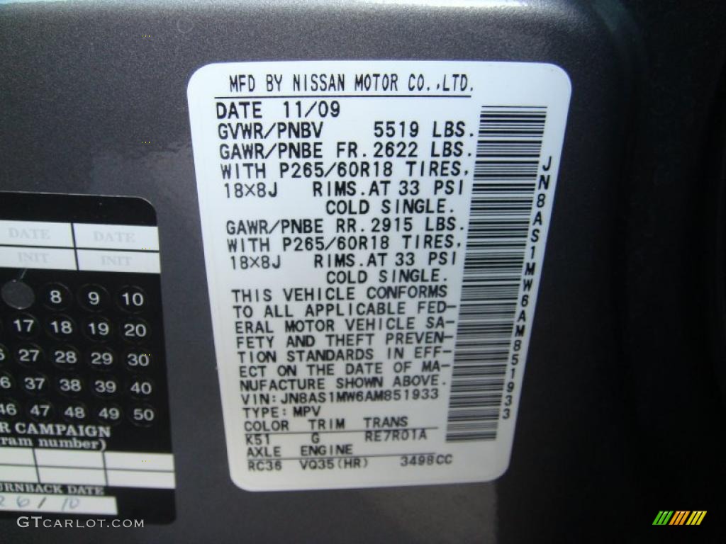 2010 FX Color Code K51 for Platinum Graphite Photo #42082919