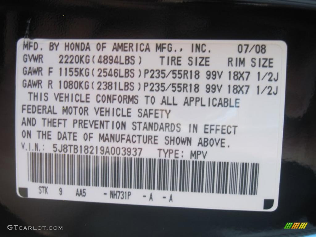 2009 RDX Color Code NH731P for Crystal Black Pearl Photo #42089183