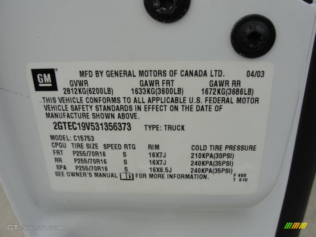 2003 GMC Sierra 1500 SLT Extended Cab Info Tag Photos