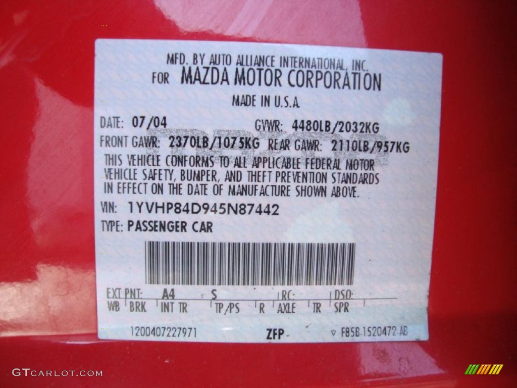 2004 MAZDA6 Color Code A4 for Volcanic Red Photo #42181452