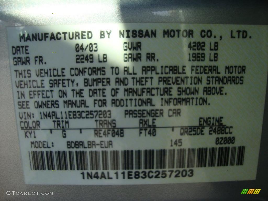 2003 Altima Color Code KY1 for Sheer Silver Metallic Photo #42192304