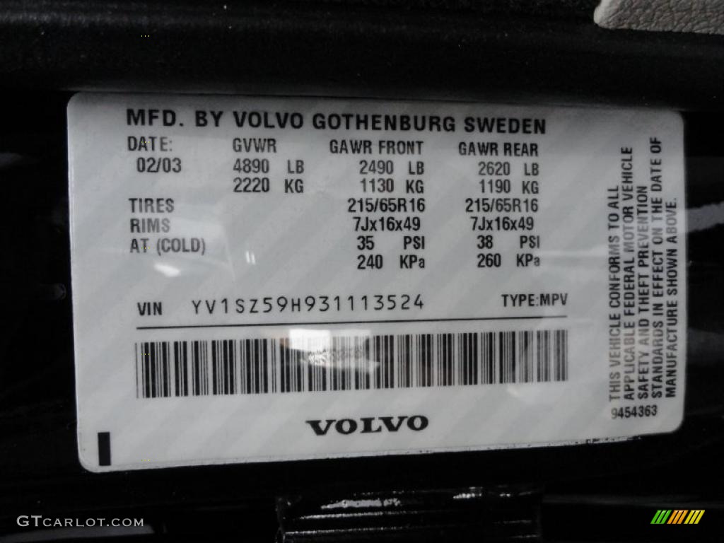 2003 Volvo XC70 AWD Info Tag Photo #42193207