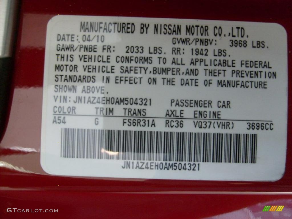 2010 370Z Color Code A54 for Solid Red Photo #42199439