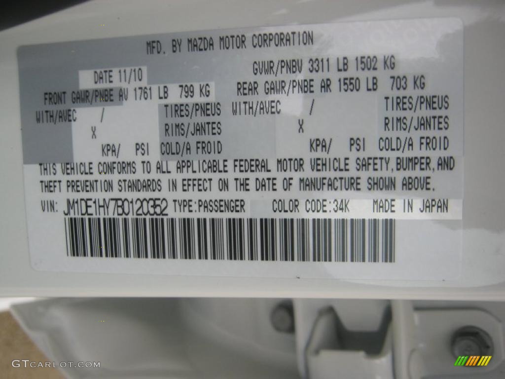 2011 MAZDA2 Color Code 34K for Crystal White Pearl Photo #42212579