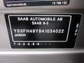 Info Tag of 2004 9-3 Aero Sedan