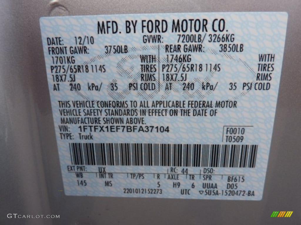 2011 F150 Color Code UX for Ingot Silver Metallic Photo #42260114