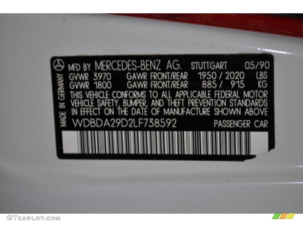 1990 Mercedes-Benz 190 Class 190E 2.6 Info Tag Photos