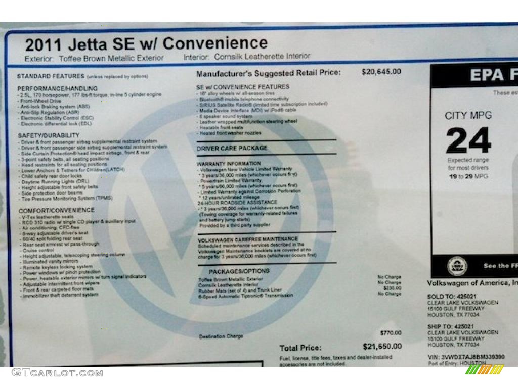 2011 Volkswagen Jetta SE Sedan Window Sticker Photo #42292055