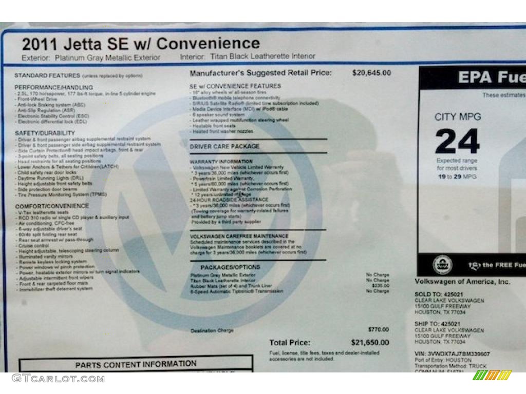 2011 Volkswagen Jetta SE Sedan Window Sticker Photo #42292291
