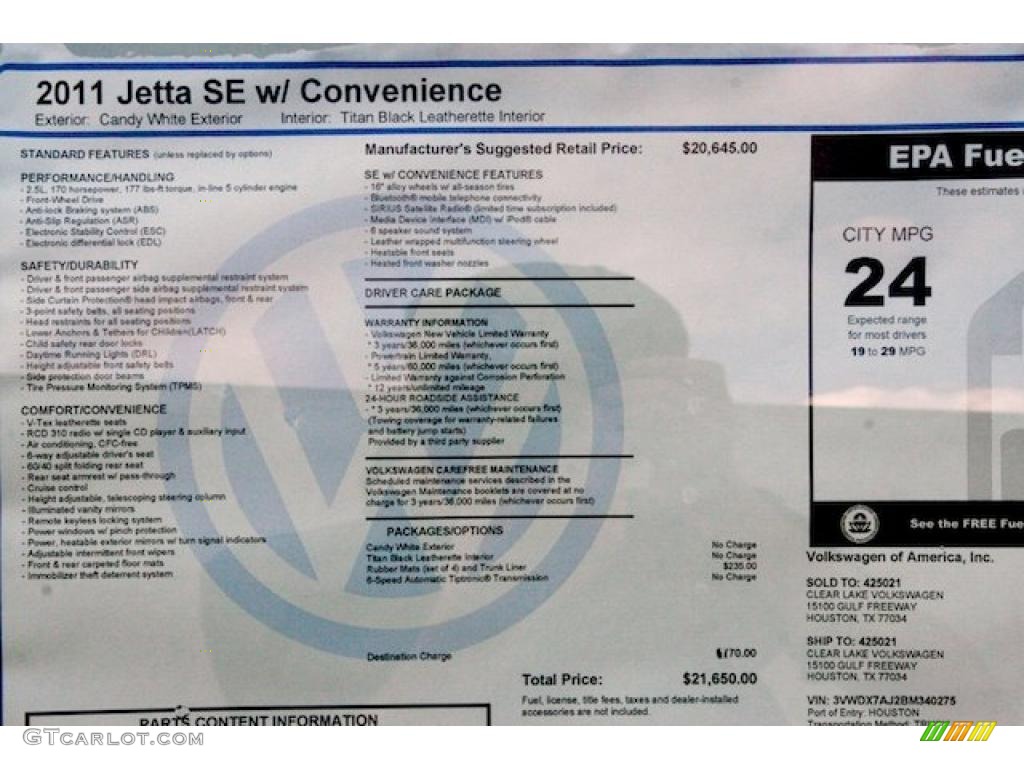 2011 Volkswagen Jetta SE Sedan Window Sticker Photo #42292751