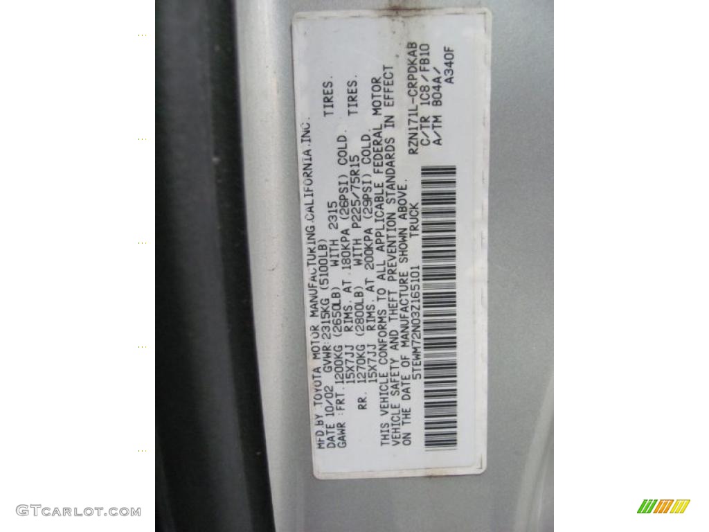 2003 Toyota Tacoma Xtracab 4x4 Color Code Photos
