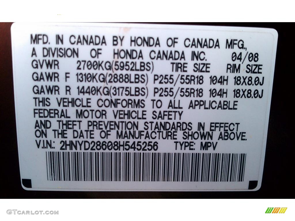 2008 Acura MDX Technology Info Tag Photo #42312540
