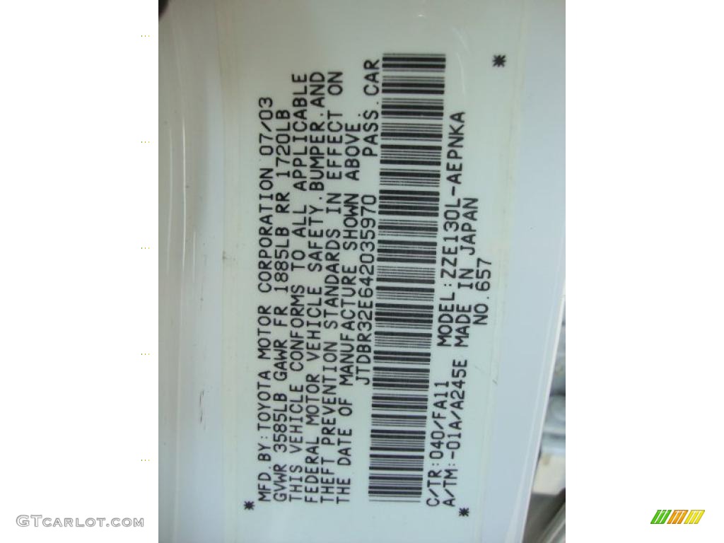 2004 Corolla Color Code 040 for Super White Photo #42329938