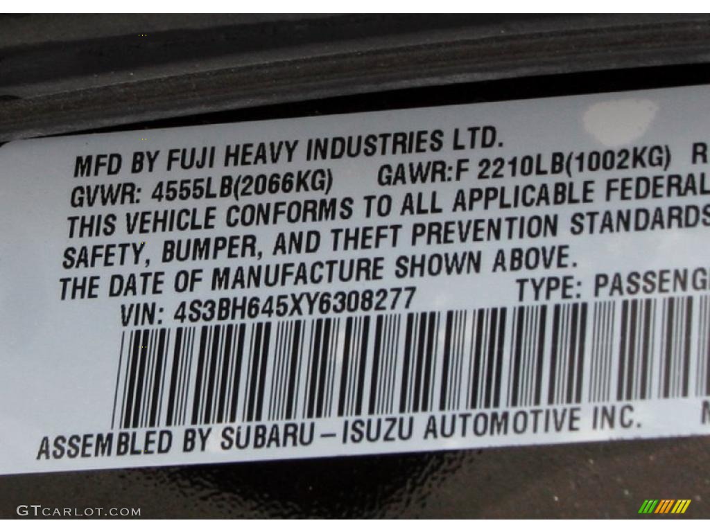 2000 Subaru Legacy GT Wagon Info Tag Photos