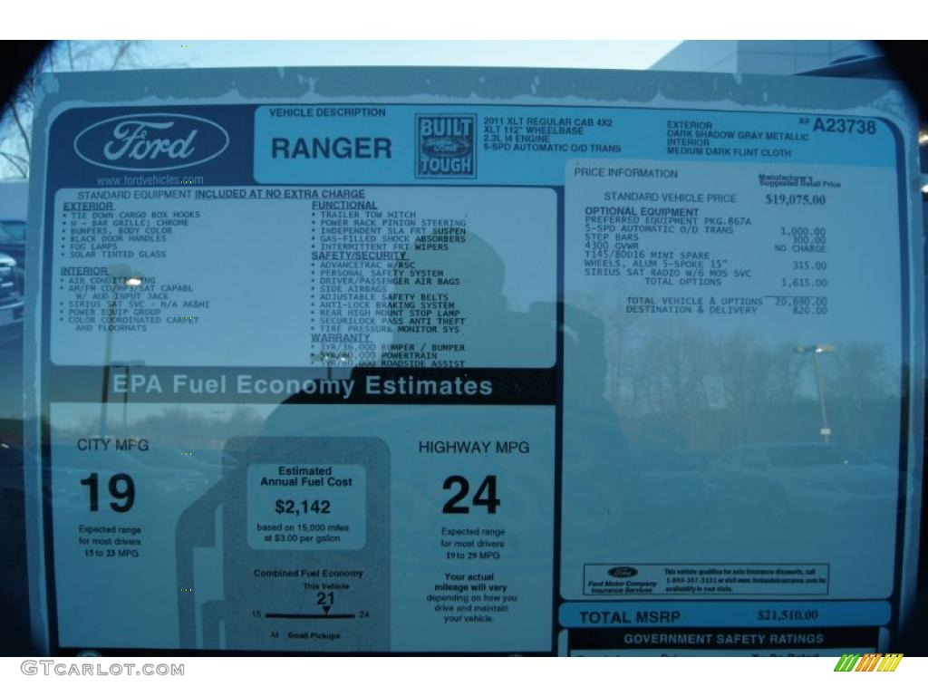 2011 Ford Ranger XLT Regular Cab Window Sticker Photo #42345588