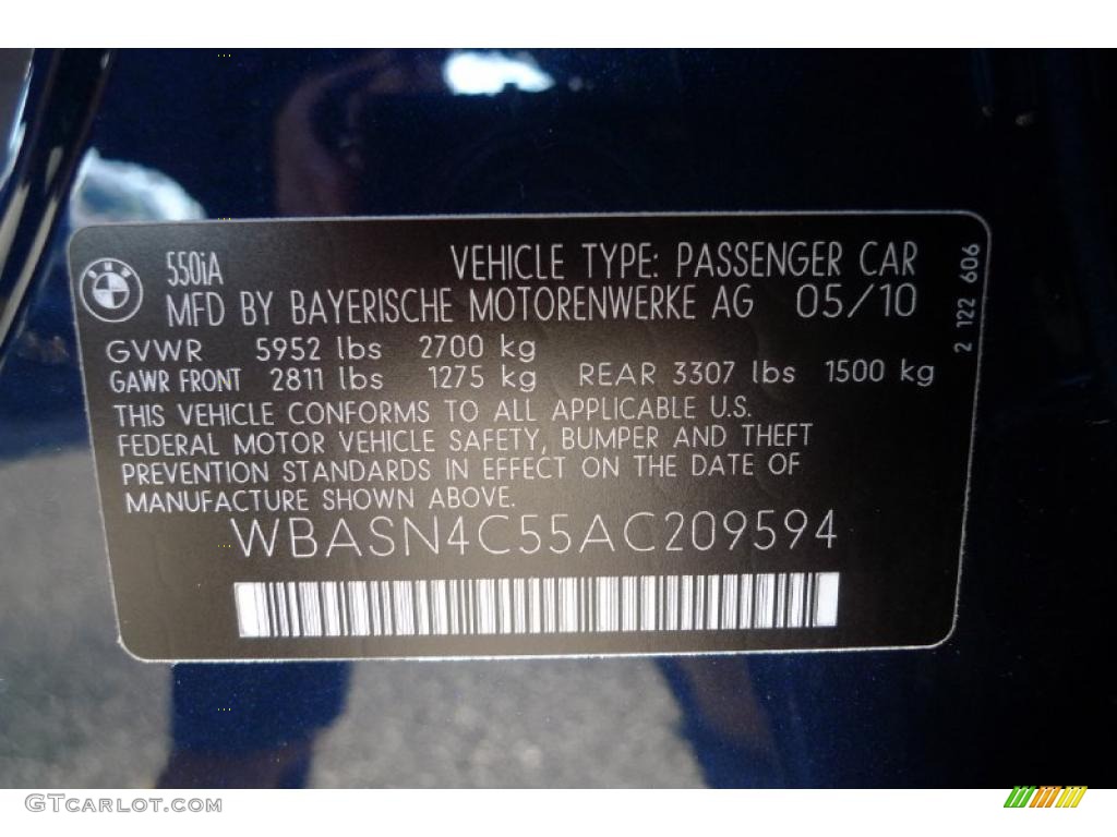 2010 BMW 5 Series 550i Gran Turismo Info Tag Photo #42357561