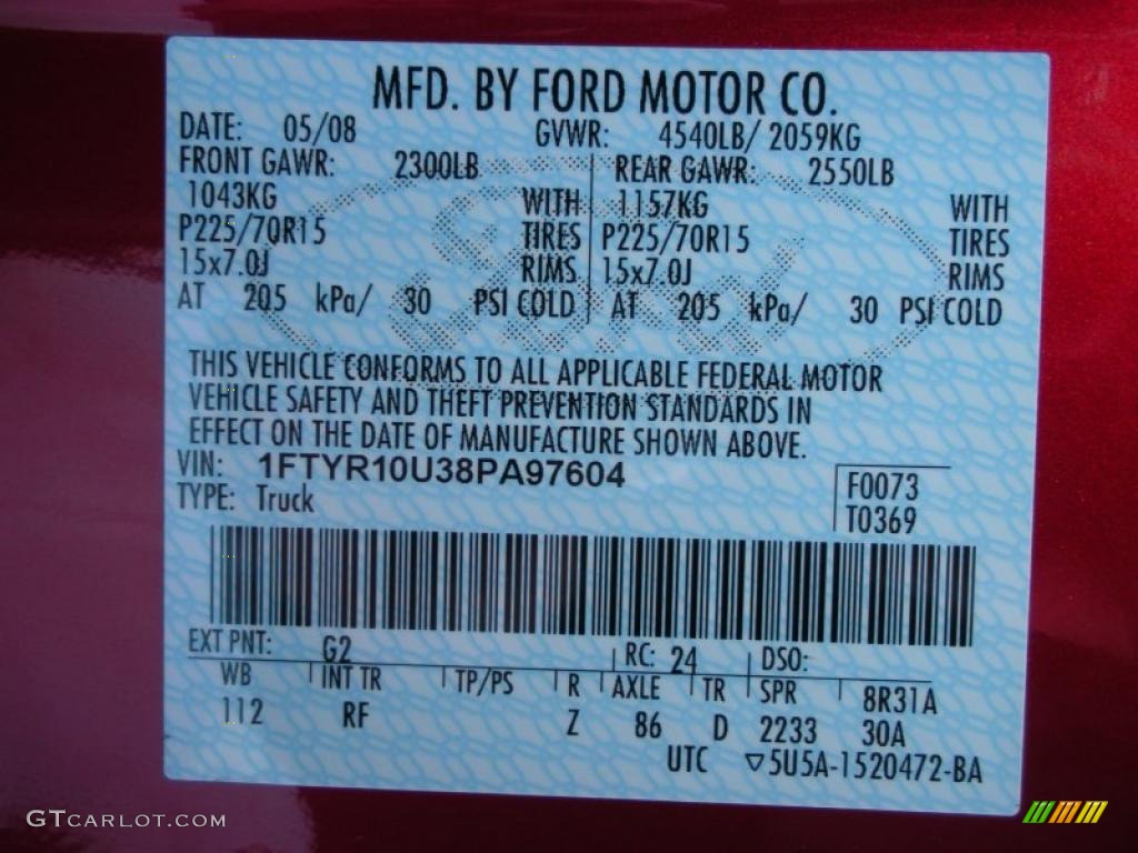 2008 Ranger Color Code G2 for Redfire Metallic Photo #42388739