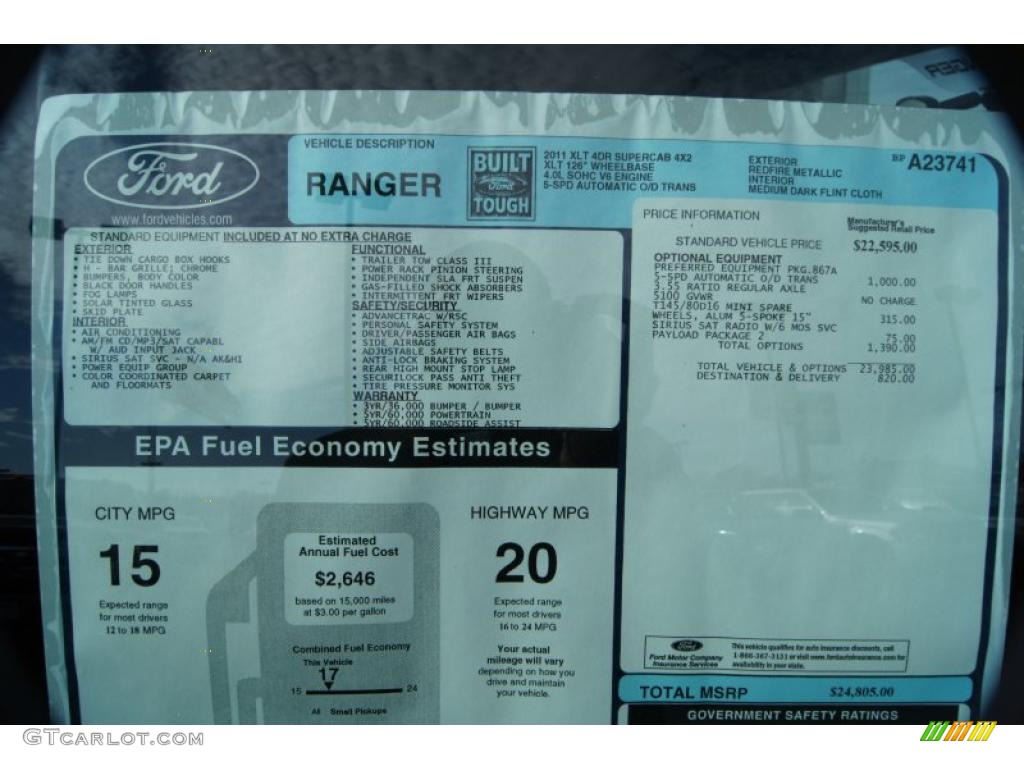 2011 Ford Ranger XLT SuperCab Info Tag Photo #42402211