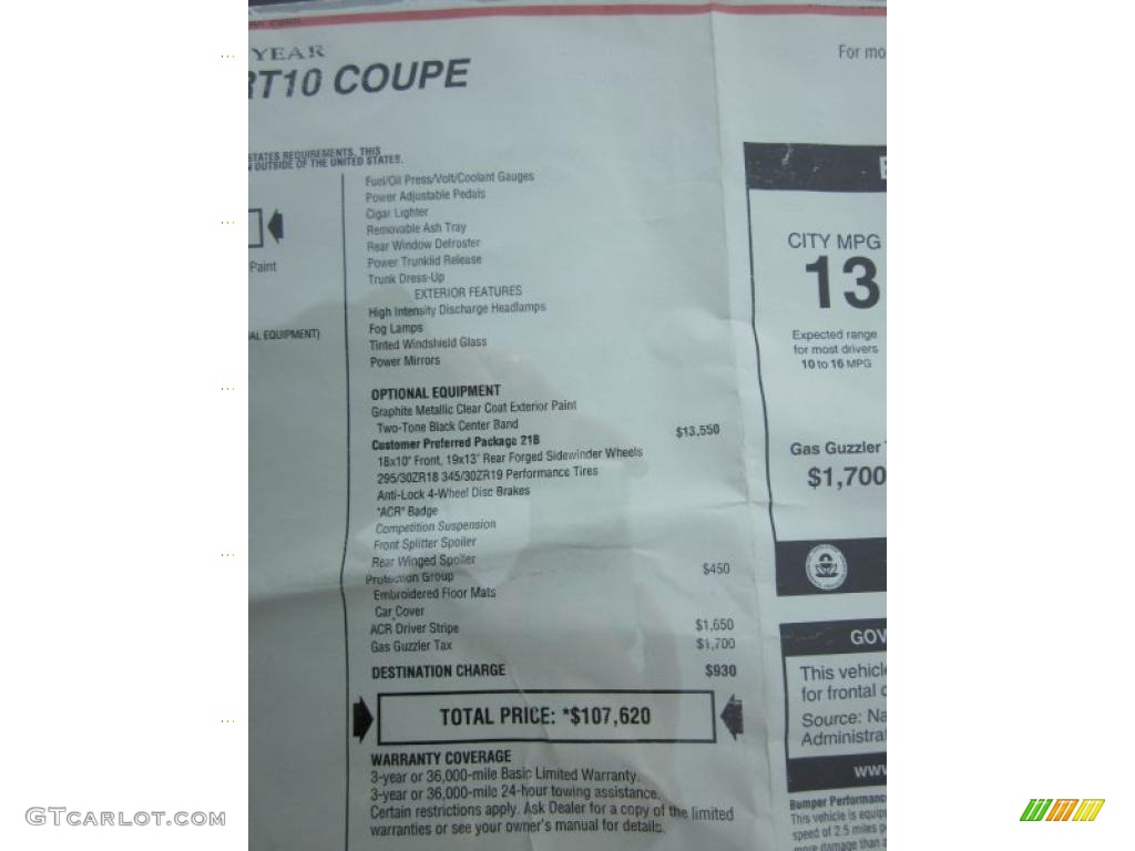 2009 Dodge Viper SRT-10 ACR Coupe Window Sticker Photo #42408276
