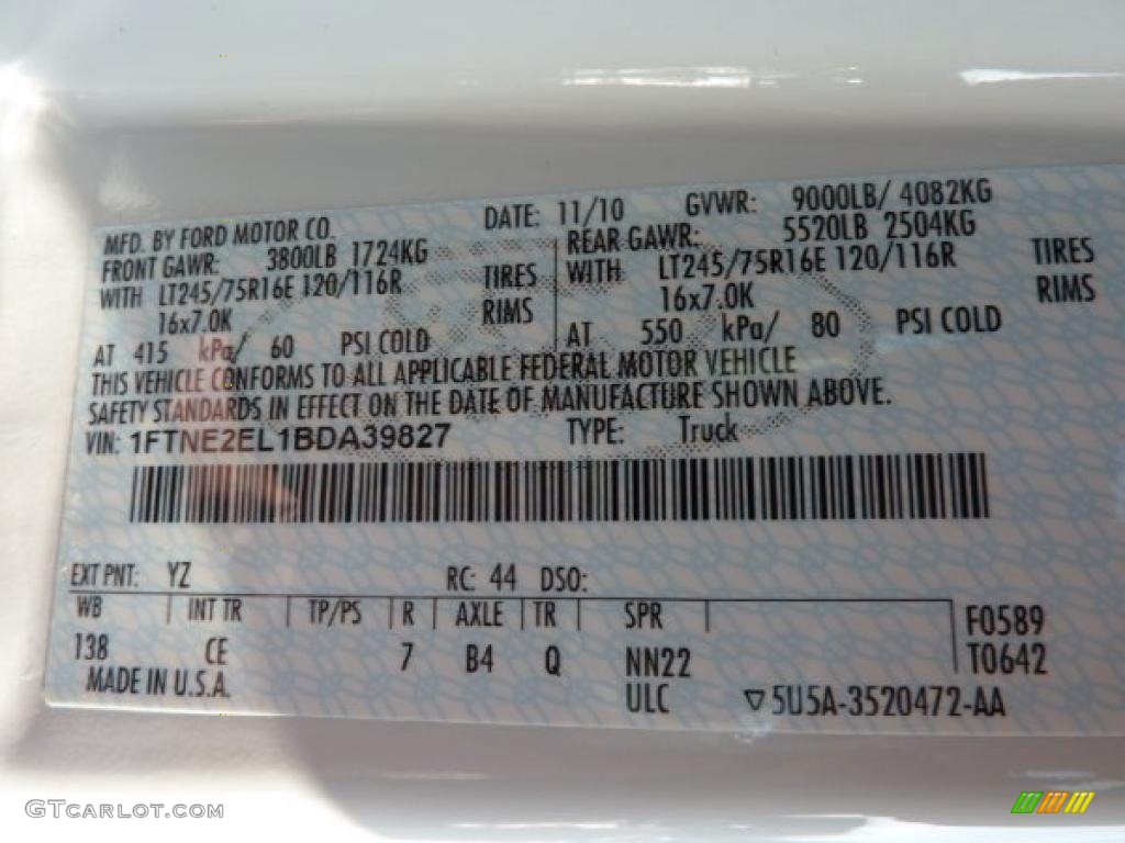 2011 E Series Van Color Code YZ for Oxford White Photo #42447951