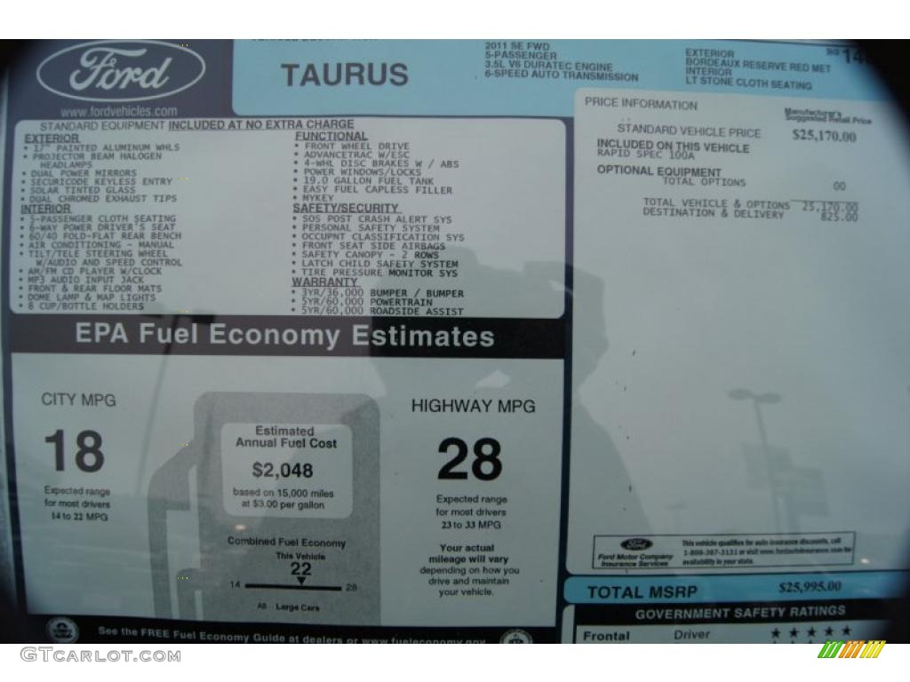 2011 Ford Taurus SE Window Sticker Photo #42461675