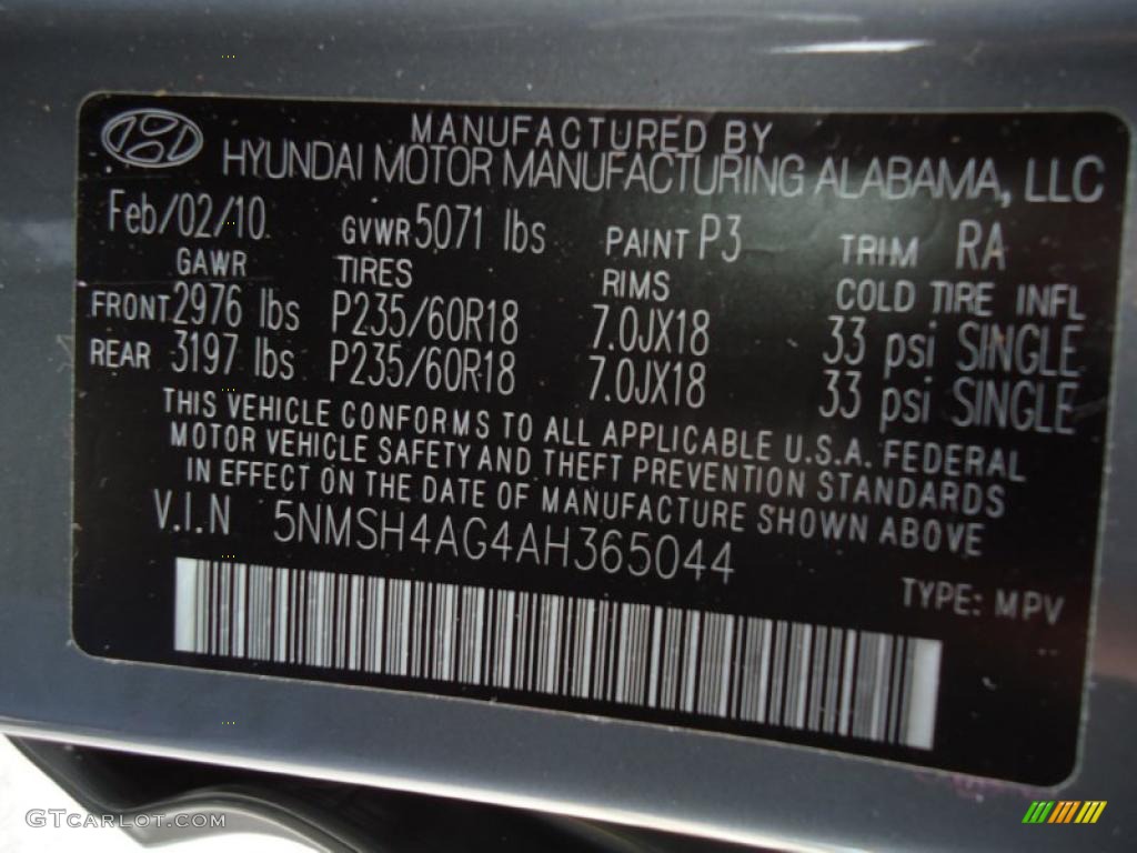 2010 Hyundai Santa Fe SE Color Code Photos