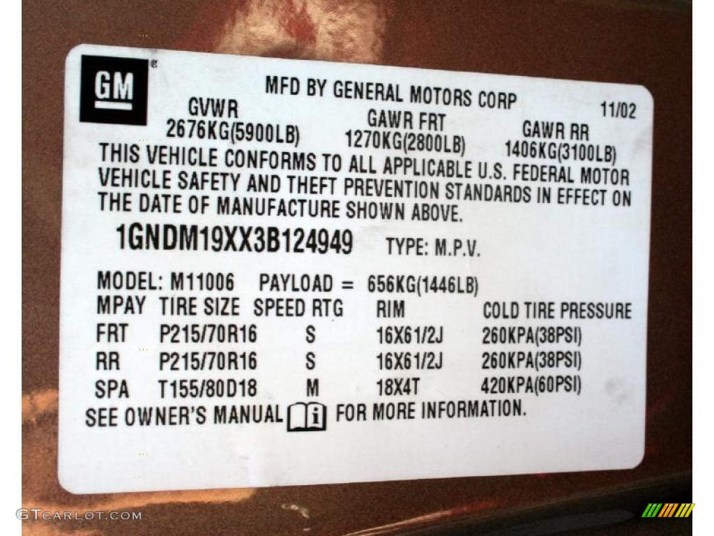 2003 Chevrolet Astro LS Info Tag Photo #42484408