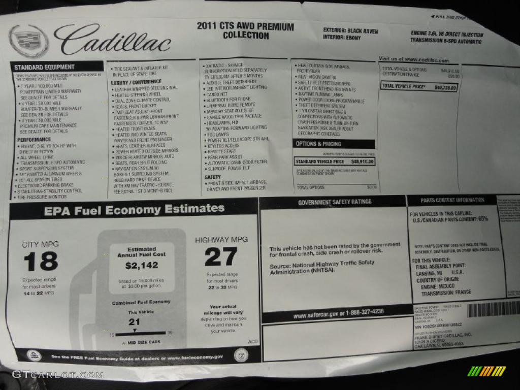 2011 Cadillac CTS 4 AWD Coupe Window Sticker Photo #42484776