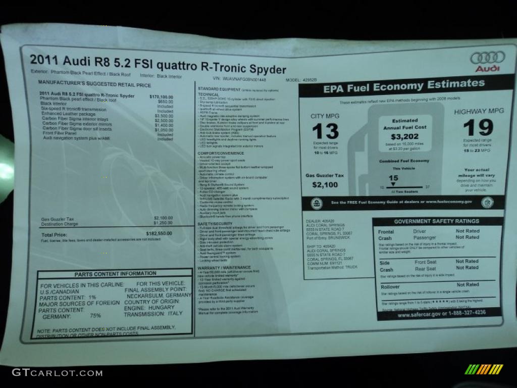 2011 Audi R8 Spyder 5.2 FSI quattro Window Sticker Photo #42511479