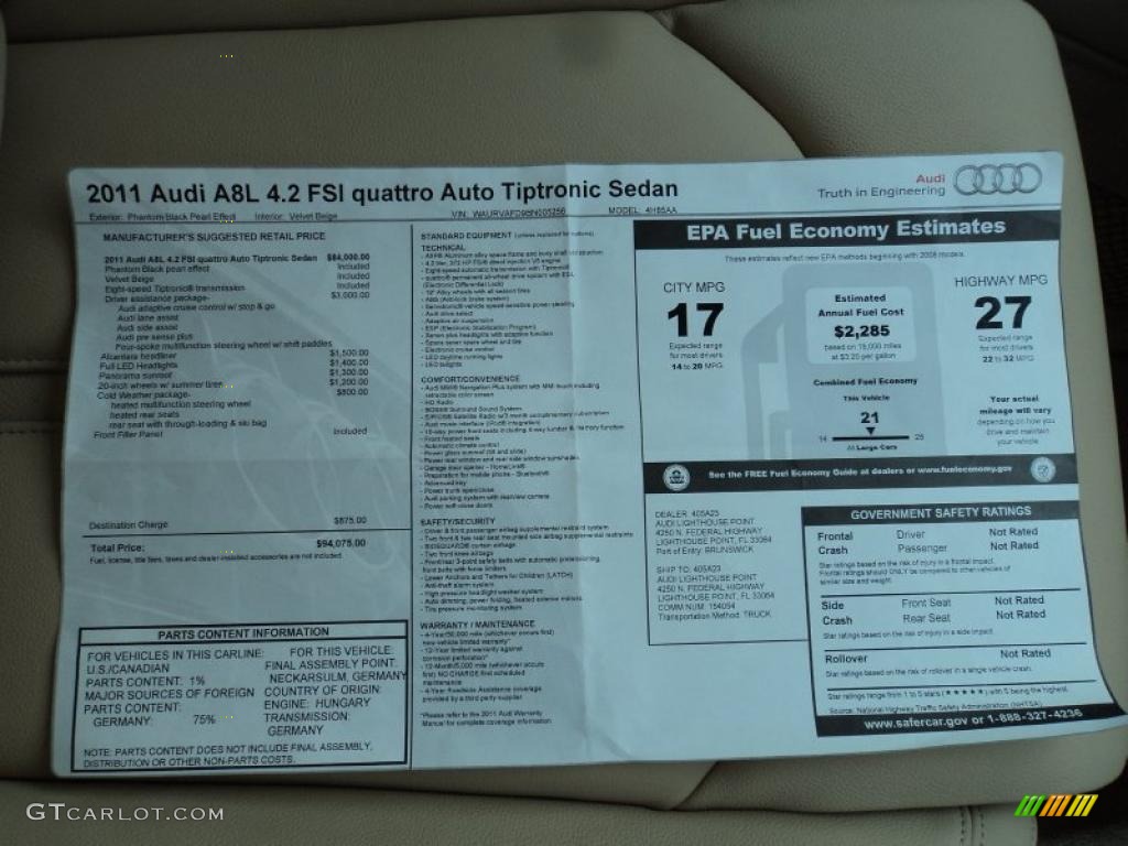 2011 Audi A8 L 4.2 FSI quattro Window Sticker Photo #42512347