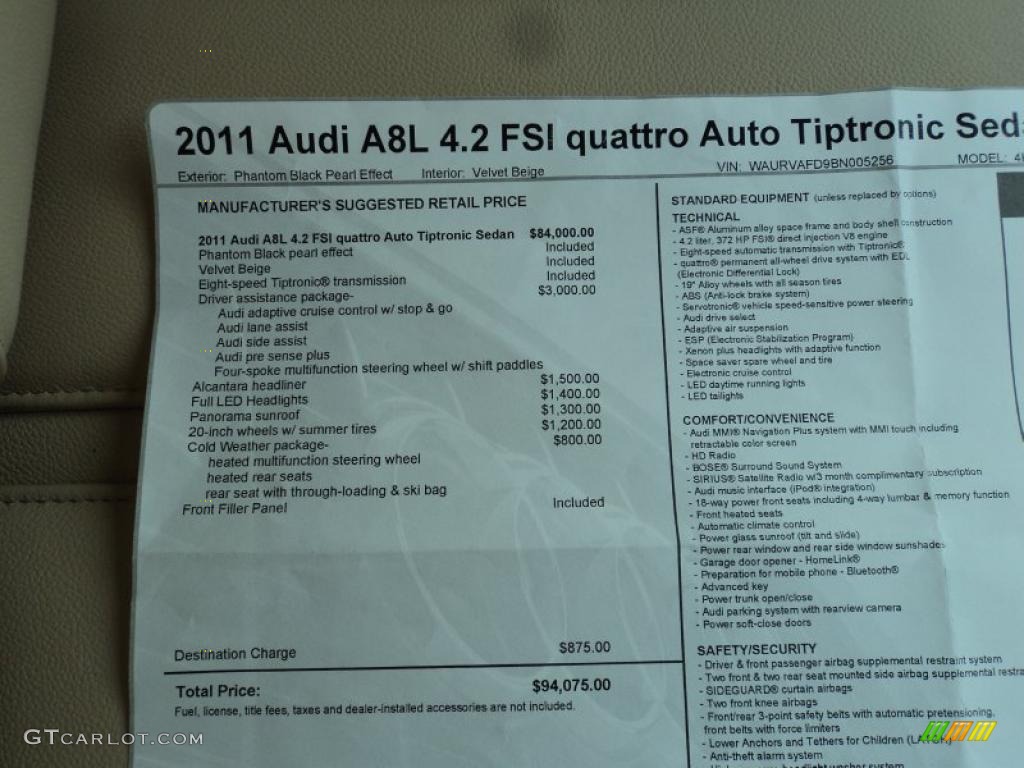 2011 Audi A8 L 4.2 FSI quattro Window Sticker Photo #42512367