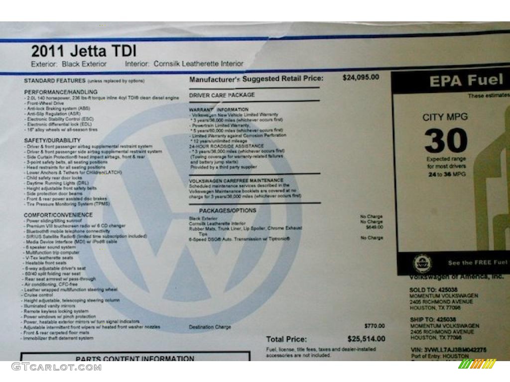 2011 Volkswagen Jetta TDI Sedan Window Sticker Photos