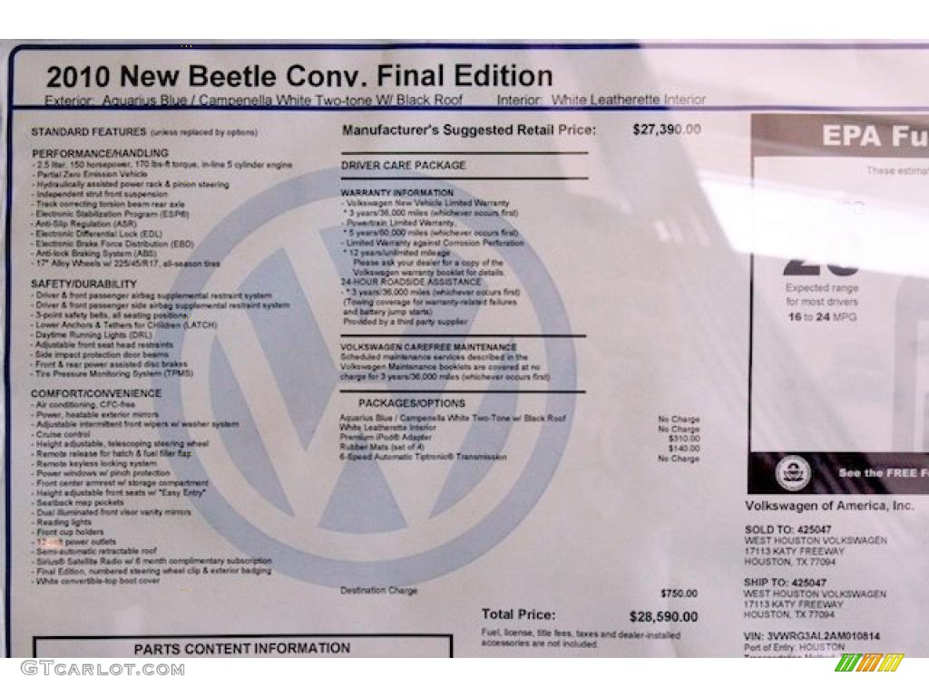 2010 Volkswagen New Beetle Final Edition Convertible Window Sticker Photos