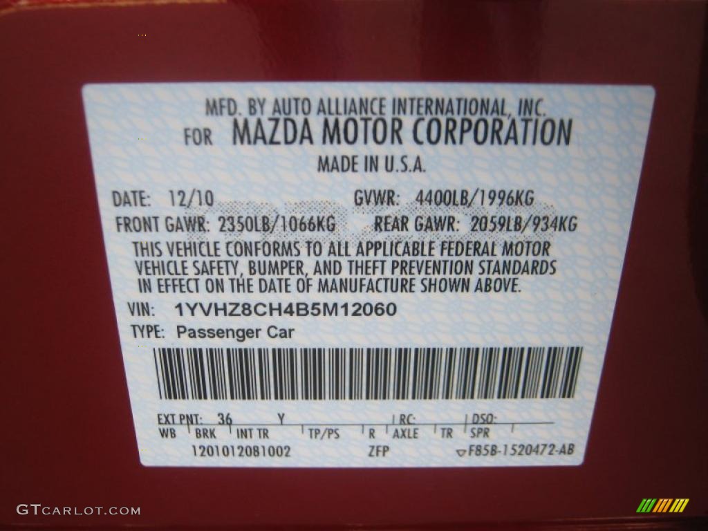 2011 MAZDA6 Color Code 36Y for Sangria Red Mica Photo #42545545