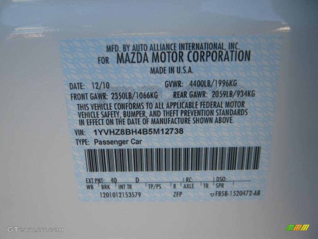2011 MAZDA6 Color Code 40D for Techno White Pearl Photo #42546001