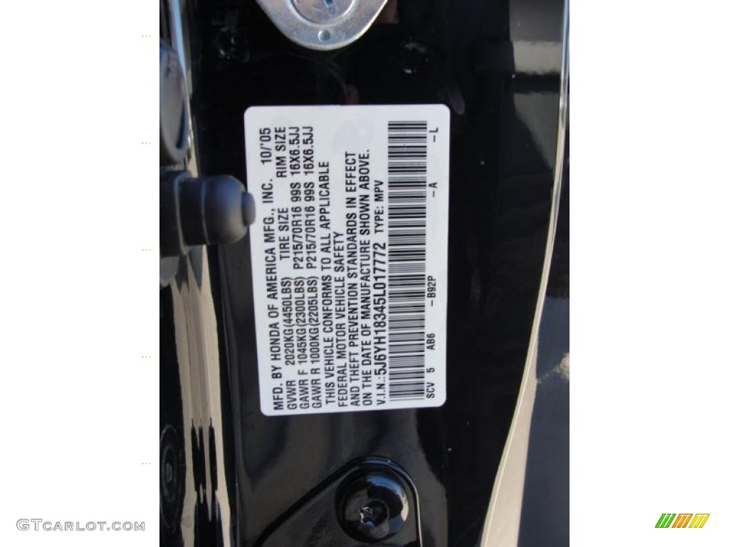 2005 Element Color Code B92P for Nighthawk Black Pearl Photo #42574094