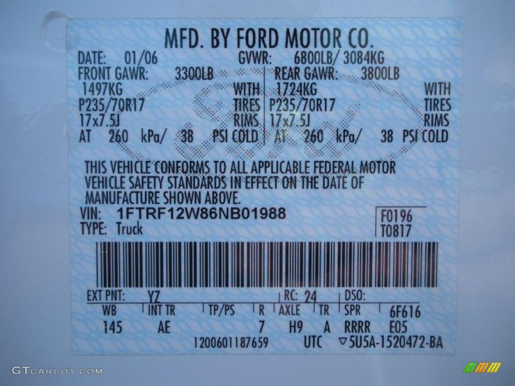 2006 Ford F150 XL Regular Cab Color Code Photos