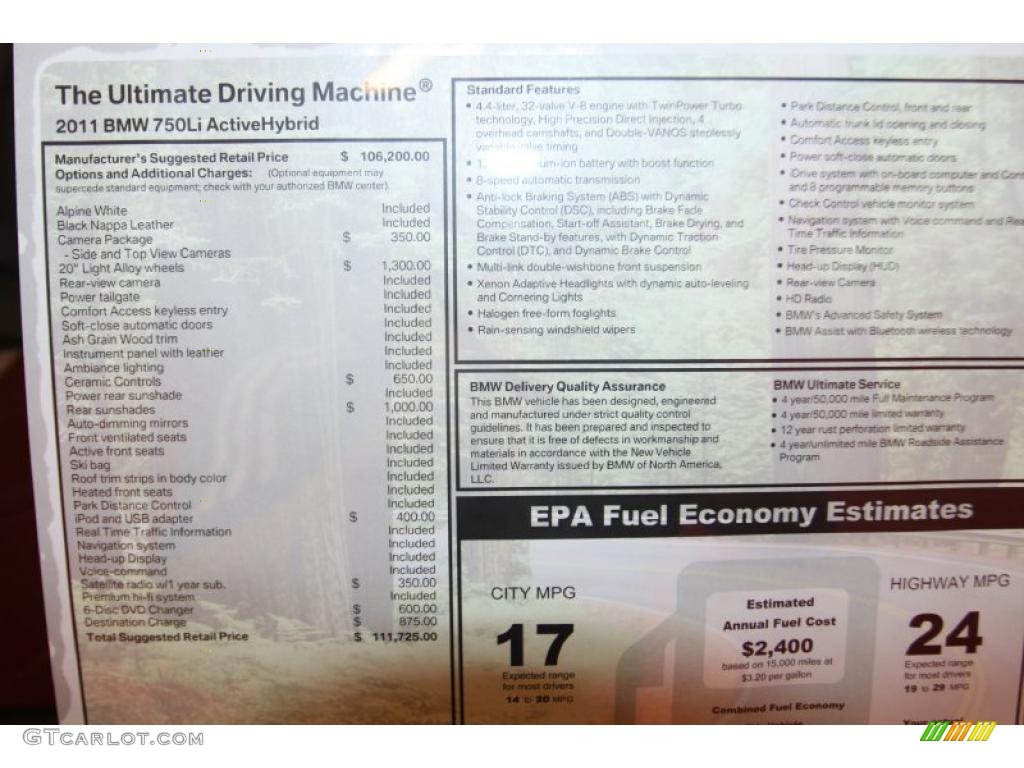 2011 BMW 7 Series ActiveHybrid 750Li Sedan Window Sticker Photos
