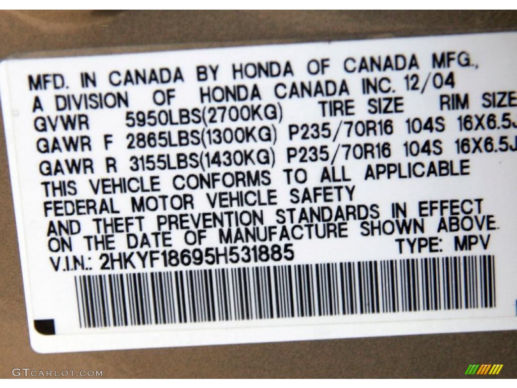 2005 Honda Pilot EX-L 4WD Info Tag Photo #42659792