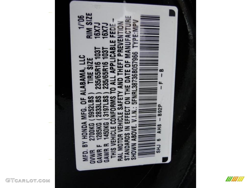 2006 Odyssey Color Code B92P for Nighthawk Black Pearl Photo #42673938