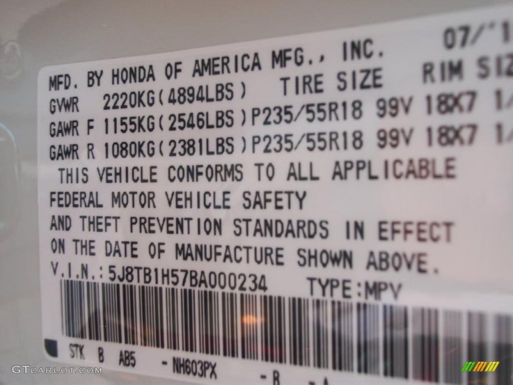 2011 RDX Color Code NH603PX for White Diamond Pearl Photo #42678921
