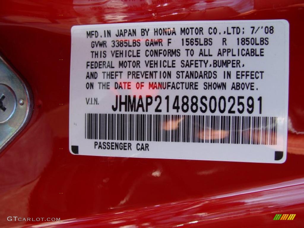 2008 Honda S2000 Roadster Info Tag Photo #42758744