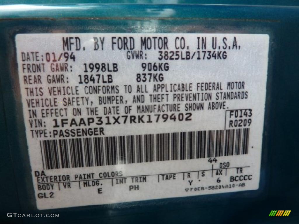 1994 Ford Tempo GL Coupe Color Code Photos