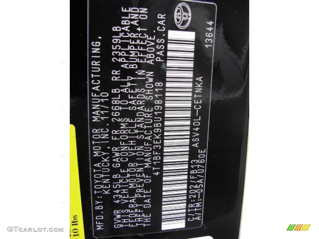 2011 Camry Color Code 202 for Black Photo #42793809