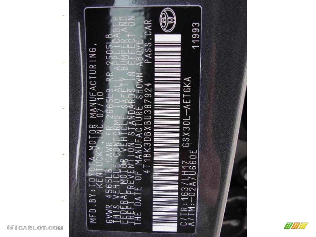 2011 Avalon Color Code 1G3 for Magnetic Gray Metallic Photo #42794317