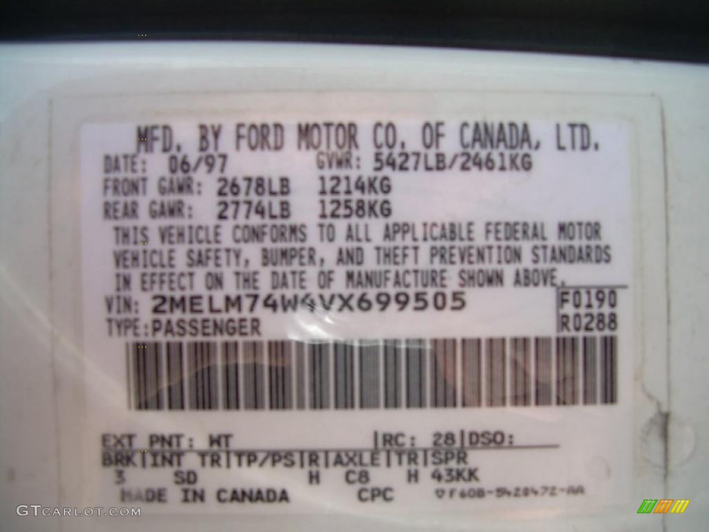 1997 Grand Marquis Color Code WT for Vibrant White Photo #42801257