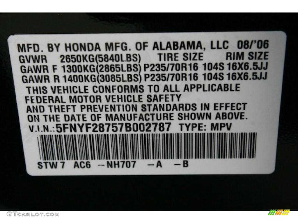 2007 Pilot Color Code NH707 for Formal Black Photo #42829094