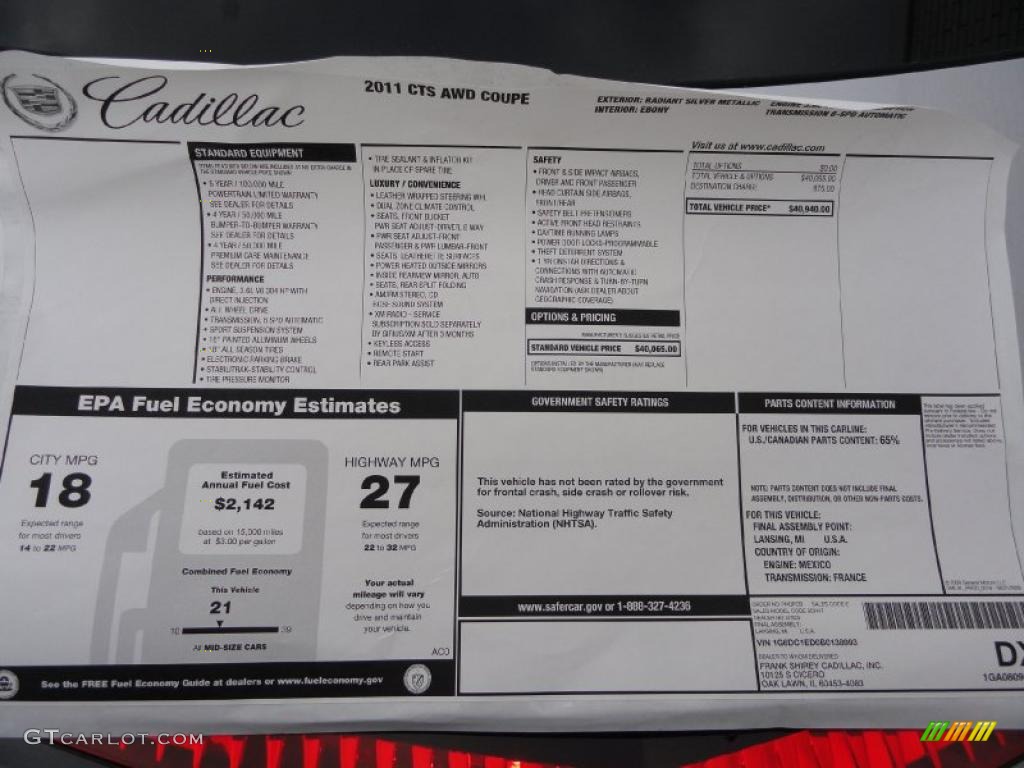 2011 Cadillac CTS 4 AWD Coupe Window Sticker Photo #42911953